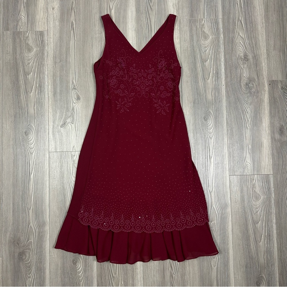 Vintage Clara Maroon Sequin Beaded‎ Dress Size M Midi Holiday Party Cocktail 90s